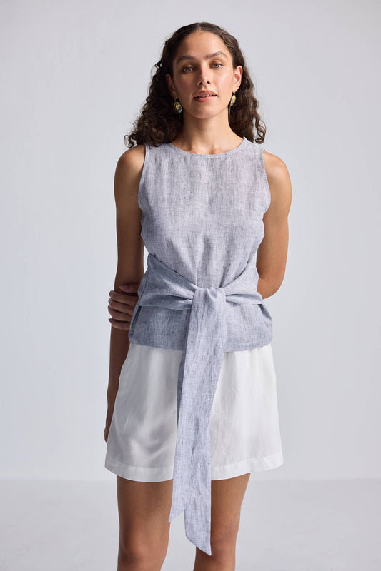 Front - tie Top in Linen Stripes - Cheapnfast