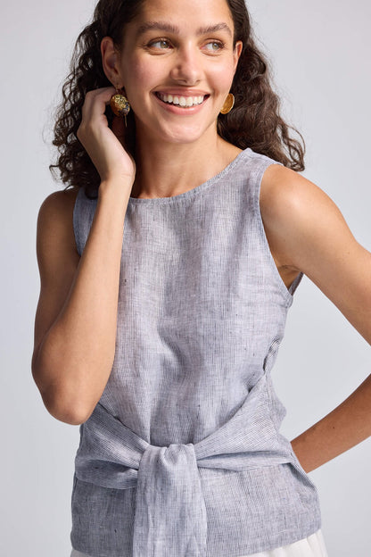 Front - tie Top in Linen Stripes - Cheapnfast