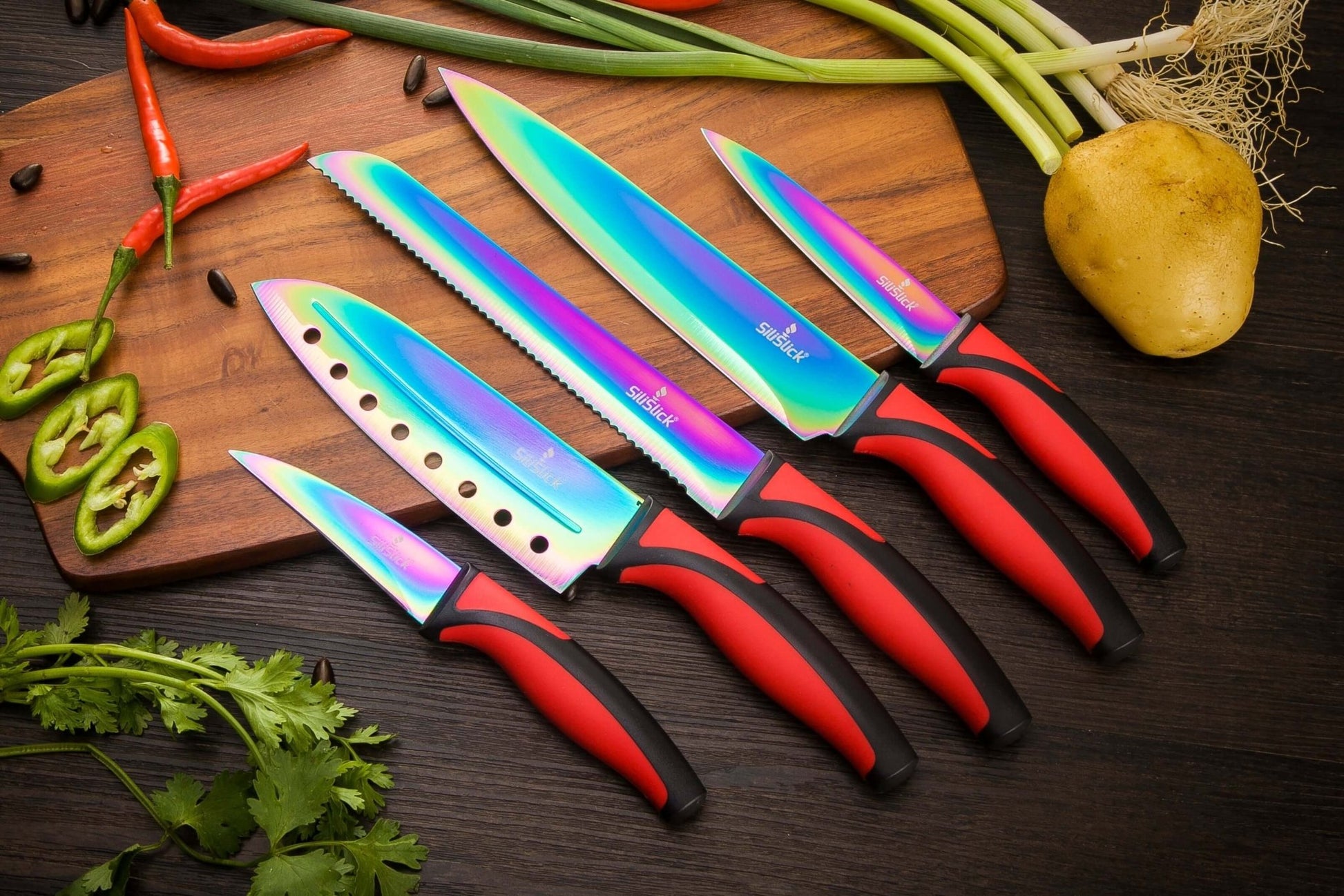 Kitchen Knife Set Kit | Red Handle & Black Magnetic Rack - Cheapnfast