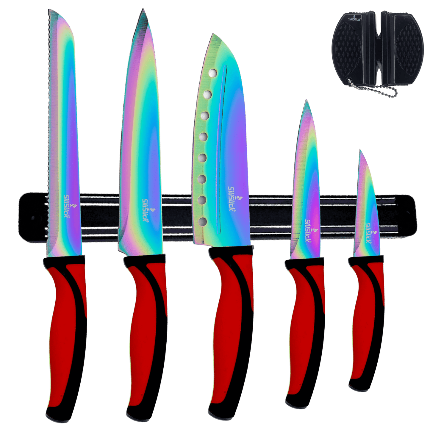 Kitchen Knife Set Kit | Red Handle & Black Magnetic Rack - Cheapnfast