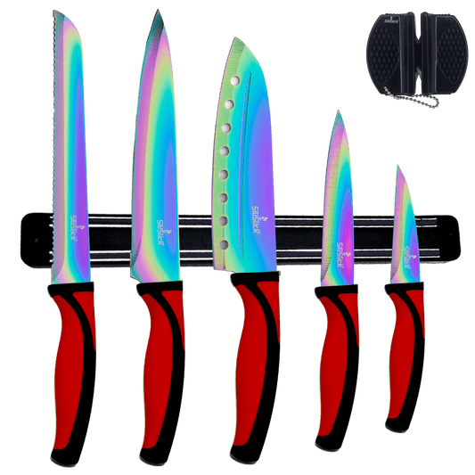 Kitchen Knife Set Kit | Red Handle & Black Magnetic Rack - Cheapnfast