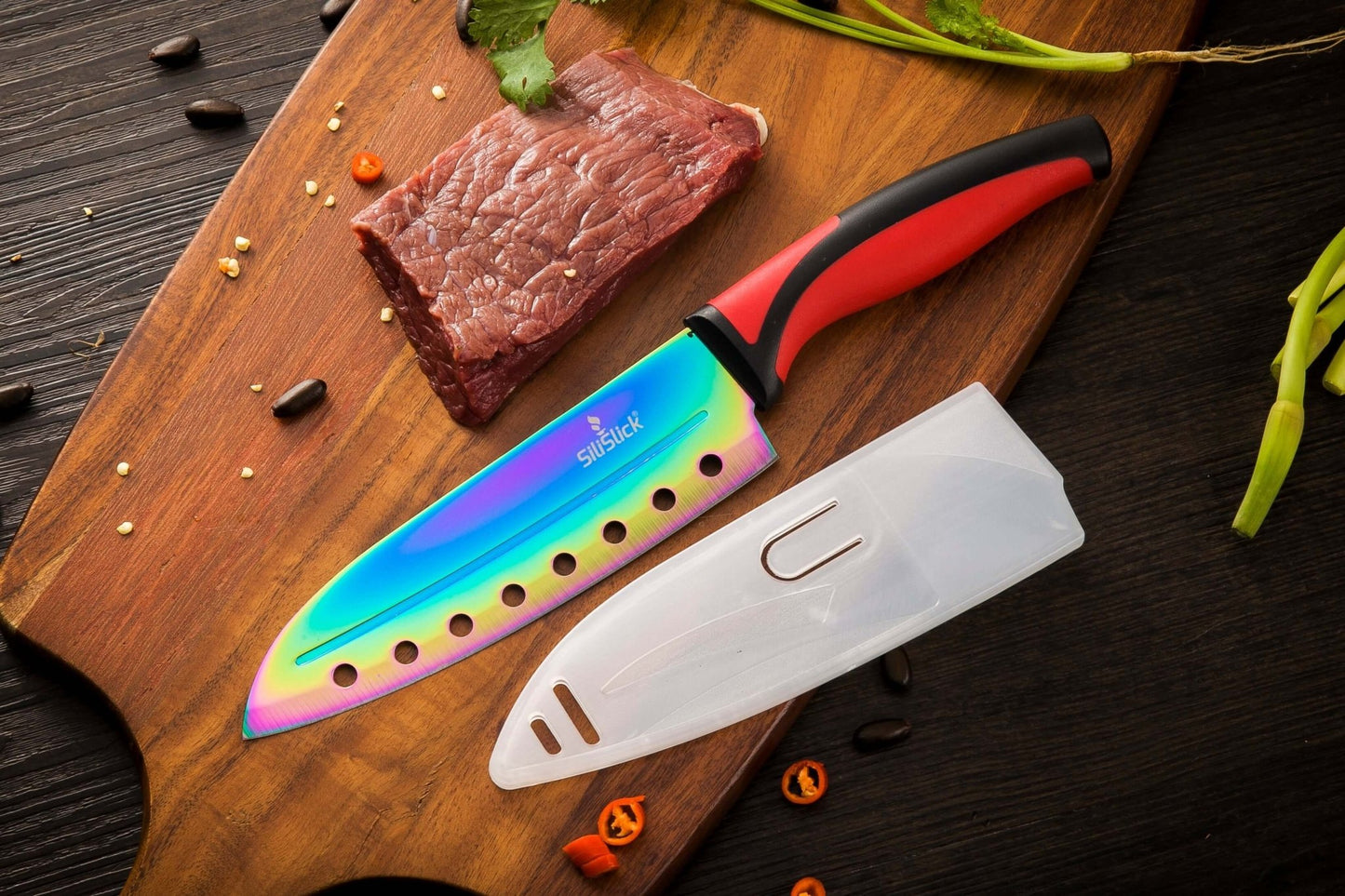 Kitchen Knife Set Kit | Red Handle & Black Magnetic Rack - Cheapnfast