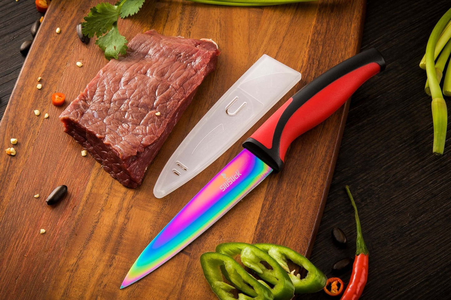 Kitchen Knife Set Kit | Red Handle & Black Magnetic Rack - Cheapnfast
